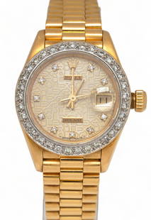 Rolex Datejust 18K Gold Diamond Watch: Rolex Datejust 18K yellow gold diamond dial and bezel watch 26 mm., champagne Rolex logo dial, jubilee bracelet, round brilliant diamonds, marked case / diameter 26 mm. circumference 6.25 in. total w