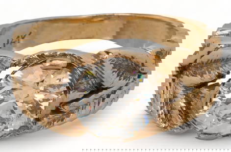 14K Gold Leaf Diamond Engagement Ring: 14K yellow gold engagement ring, leaf diamond (2 ct), round brilliant diamond set in handmade leaf motif band, marked size: 6.5 total weight: 5.4 grams Provenance: Property from a New Braunfels, Tex