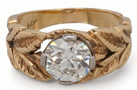 14K Gold Leaf Diamond Engagement Ring: 14K yellow gold engagement ring, leaf diamond (2 ct), round brilliant diamond set in handmade leaf motif band, marked size: 6.5 total weight: 5.4 grams Provenance: Property from a New Braunfels, Tex