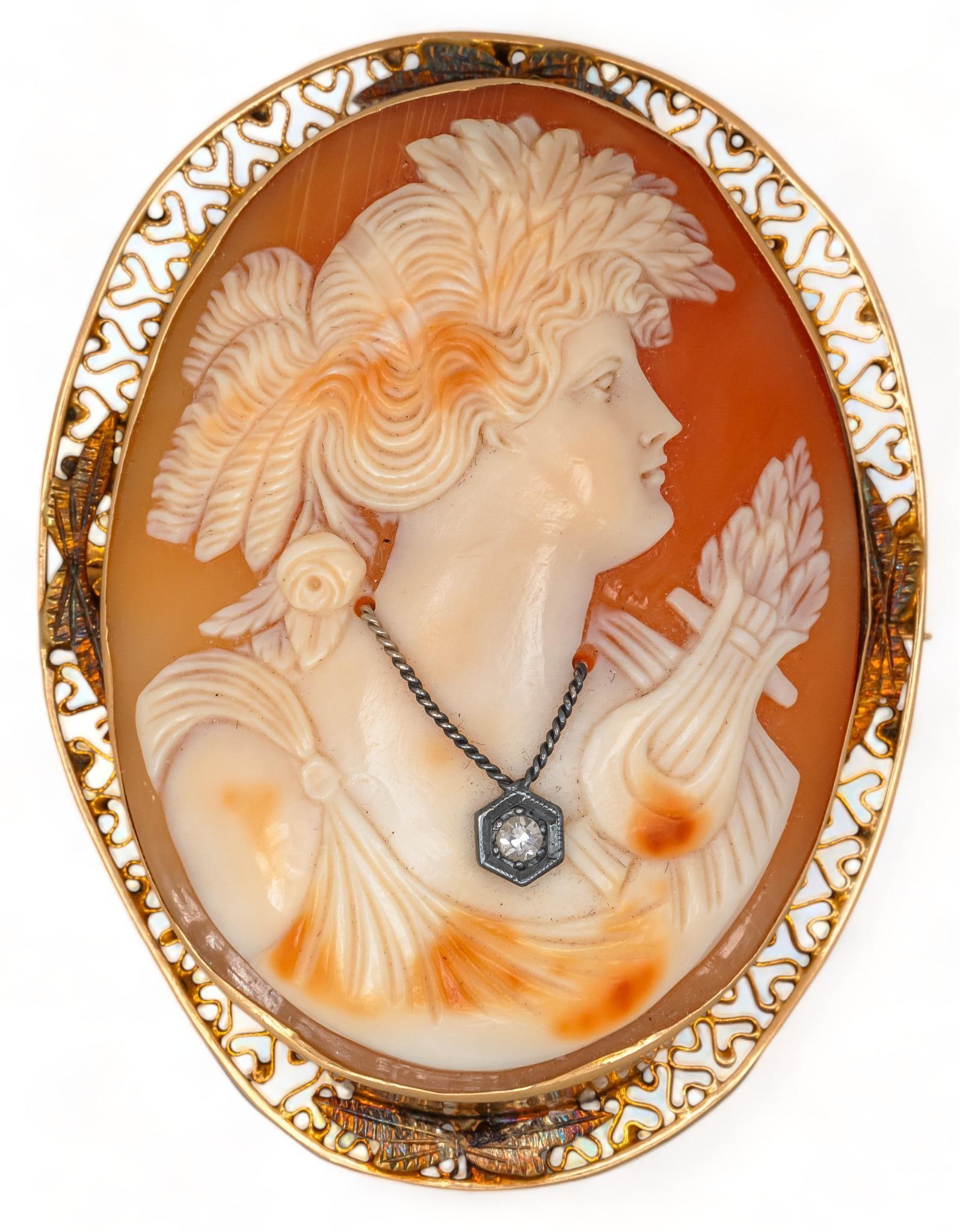 Victorian 14K Goddess in Diamond Necklace Shell Cameo: Antique 14K yellow gold goddess in diamond necklace carved shell cameo, marked length 57 mm. x width 44 mm. total weight: 18.4 grams Provenance: Property from the estate of life-long antique jewelry c