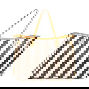 Louis Vuitton Ltd. Ed. Rayures Neverfull Shoulder Bag: Louis Vuitton Limited Ediction "Rayures" Neverfull MM shoulder bag of coated brown and beige monogram canvas with vachetta handles, with gold toned brass hardware; marked TJ3181 (38th Week of