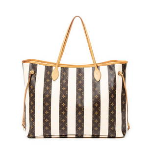 Louis Vuitton Ltd. Ed. Rayures Neverfull Shoulder Bag: Louis Vuitton Limited Ediction &#34;Rayures&#34; Neverfull MM shoulder bag of coated brown and beige monogram canvas with vachetta handles, with gold toned brass hardware; marked TJ3181 (38th Week of