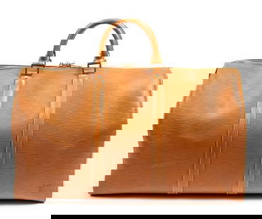 Louis Vuitton Keepall Travel Bag: Louis Vuitton Keepall travel bag of gold epi calfskin leather with handles and gold toned brass hardware; marked SP0938 (March 1988), includes shoulder strap and luggage tag 20.5 in. x 11.5 in. x 9 i