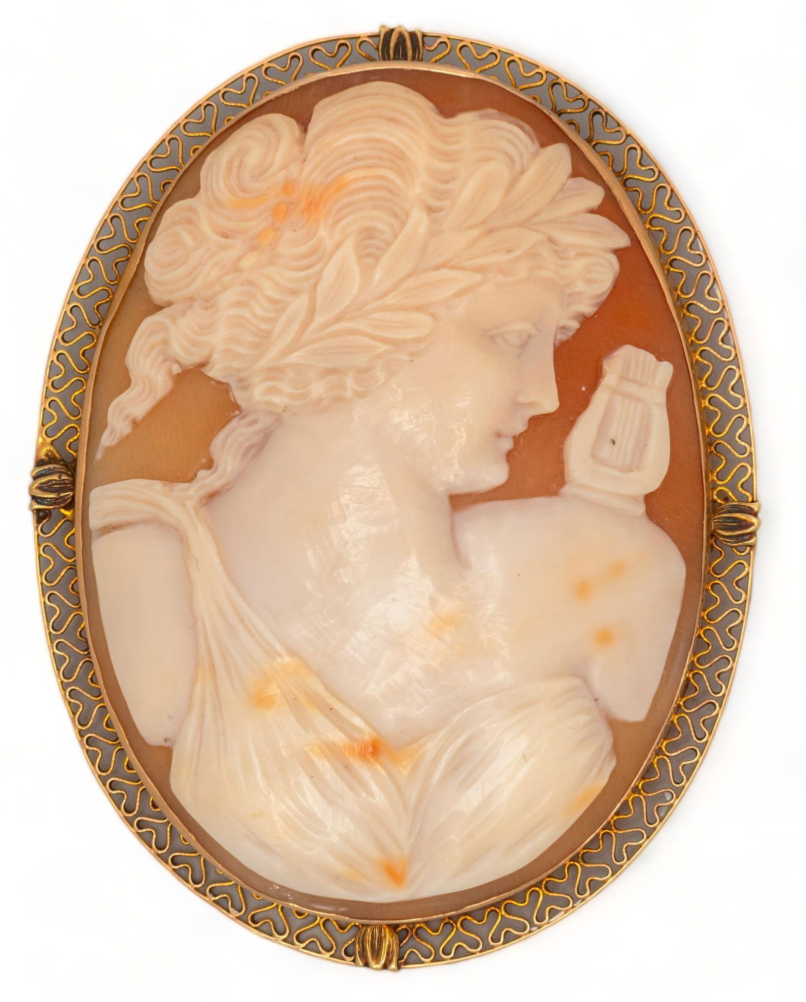 Antique 14K Roman Goddess Lyre Carved Shell Cameo Brooch (1 of 5)
