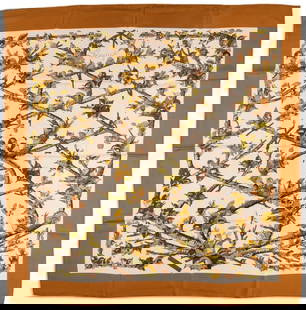 Hermes Paris Bocage Bird Silk Scarf: Hermes Paris Anne Gavarni "Bocage" silk scarf of graphic bird motif in orange and brown; first edition created in 1971 Square 34 in. Provenance: Property from a San Antonio, Texas estate co
