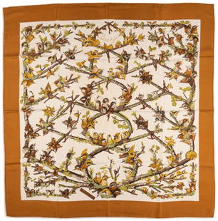 Hermes Paris Bocage Bird Silk Scarf: Hermes Paris Anne Gavarni "Bocage" silk scarf of graphic bird motif in orange and brown; first edition created in 1971 Square 34 in. Provenance: Property from a San Antonio, Texas estate co