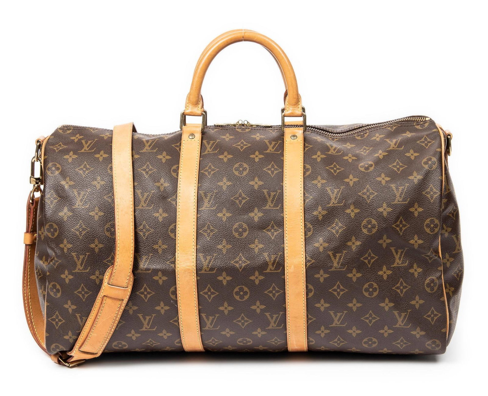 Louis Vuitton Keepall Bandouliere Travel Bag: Louis Vuitton Keepall Vandouliere travel bag of coated brown monogram canvas with vachetta handles, and gold toned brass hardware; marked TH0934 (March 1994), included shoulder strap handle, cadenas, 
