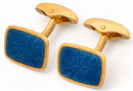 Faberge 18K Gold Blue Enamel Cuff Links: Faberge 18K yellow gold blue enamel cuff links, rounded rectangle frame, 40/1000, marked length 11 mm. total weight: 16 grams Provenance: Property from an estate in the Inwood neighborhood of San An