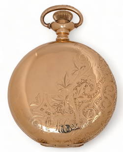 Antique Elgin 14K Gold Aesthetic Engraved Pocket Watch: Elgin 14K gold aesthetic engraved pocket watch 49 mm., engraved nature motifs, marked, circa early 1900s case / diameter 49 mm. (exc. crown) total weight: 89.7 grams Condition: running, as with all
