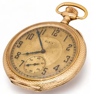 Elgin 14K Gold Pocket Watch: Elgin 14K yellow gold pocket watch, 47mm., engraved "Father and Mother to Jon, Dec -18 -1914", marked case/ diameter 47 mm. (excluding crown) total weight: 68.9 grams Condition: running; as