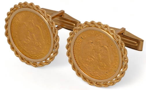 10 Peso Gold Coin 14K Gold Bezel Cuff Links: 10 peso gold coin 14K gold bezel cuff links having gold rope bezel and toggle backs, marked diameter 24 mm. total weight: 17 grams Provenance: Property from an estate in the Inwood neighborhood of S