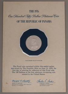 1976 Panama 150 Balboas Platinum Proof Coin: Franklin Mint 1976 Panamanian 150 Blaboas platinum proof coin in sealed cachet Provenance: Property from the collection of a life-long San Antonio, Texas coin collector and lawyer We happily provide