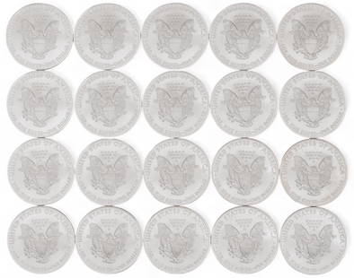 (20) US Silver Eagle Oz Coins: Twenty (20) American Silver Eagle one dollar coins, each 1 oz fine silver, various dates Total weight: 20 oz Provenance: Property from a San Antonio, Texas collection We happily provide seamless sh