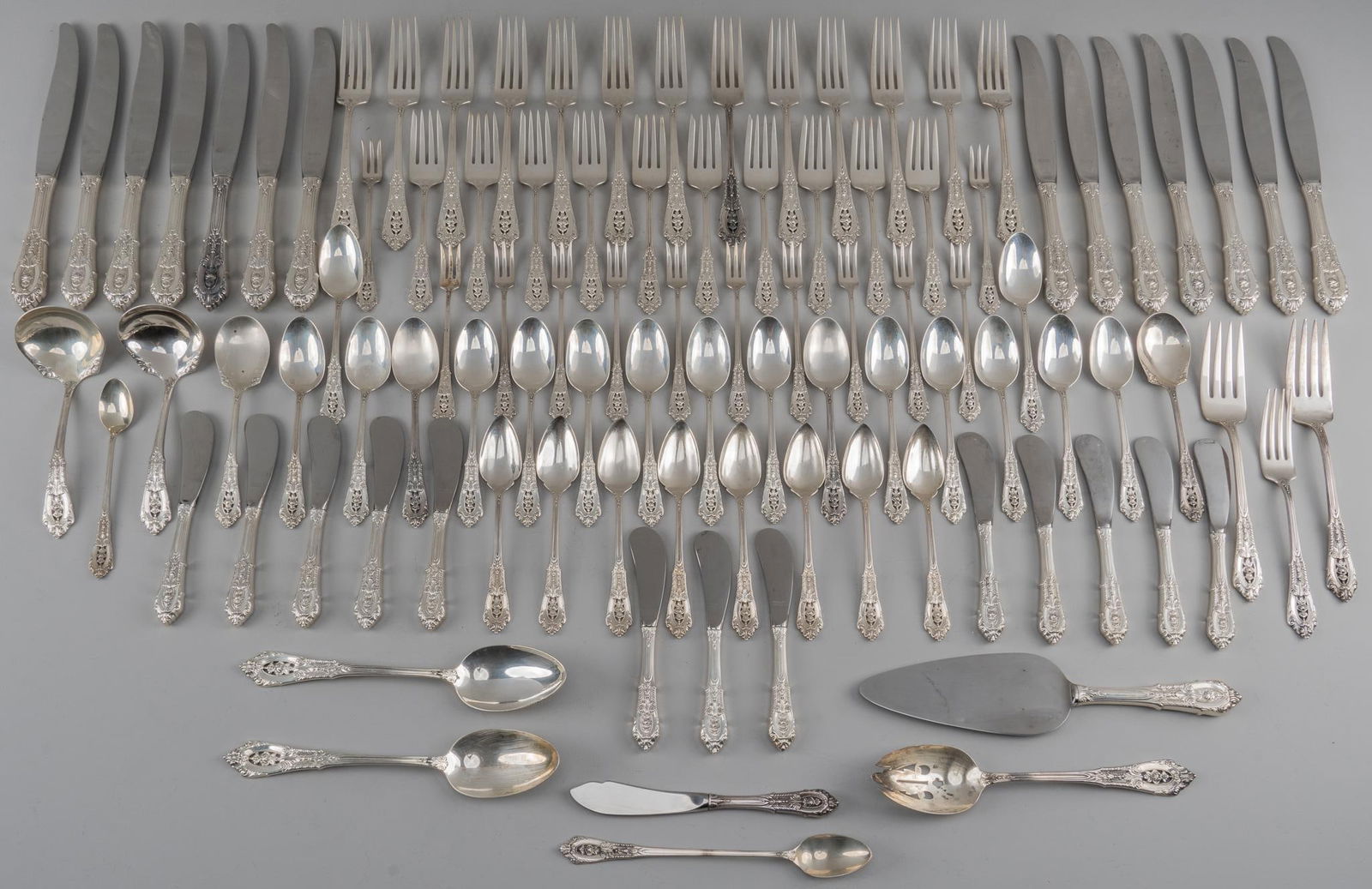 "Rose Point" Wallace Sterling Silver Flatware Set: "Rose Point" by Wallace Silversmiths sterling silver flatware set of 101 pc, service for 10; no monograms or removal Includes: 14 dinner knives 9 3/4 in. 13 dinner forks 7 5/8 in. 1 luncheon