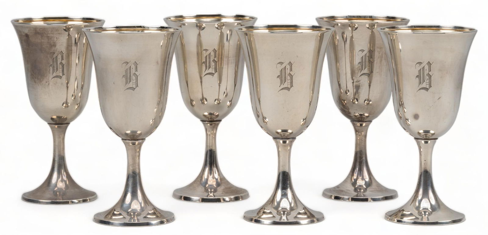 (6) Wallace Silversmiths Sterling Silver Goblets: Set of six sterling silver no 3211 goblets with gold wash bowls from Wallace Silversmiths; all monogrammed Gothic "B" and personalizations under base height 6 1/2 in. total weight 30.16 ozt