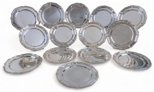 Vintage Mexican Sterling Silver Dinner Plates (14): Conquistador Company (Mexico City, Mexico) set of 14 matching sterling silver dinner plates or chargers featuring wide fluted borders with gadroon edge around inset well diameter 11 1/8 in. total