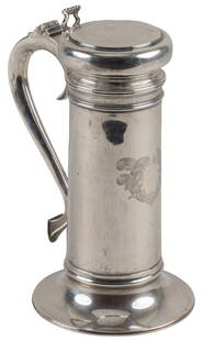 Crichton & Co Sterling Silver Tankard Cocktail Shaker: Antique Crichton & Co. (New York, USA) sterling silver tankard form cocktail shaker with hinged lid, removable interior perforated lid and scrolled crest height 10 1/2 in. weight 37.24 ozt Prove