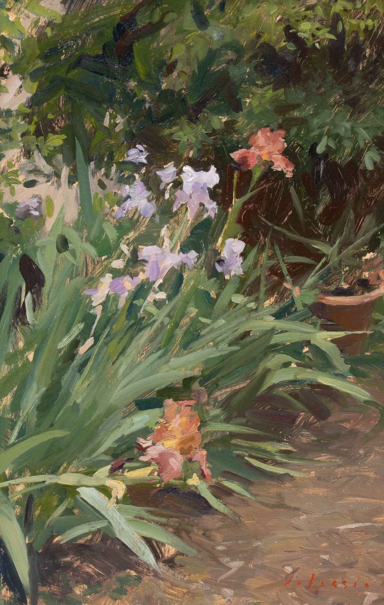Marc Dalessio, Irises: Marc Dalessio (Amer., b. 1972), path lined with irises, oil on panel sight: 12 x 16 in., frame: 16.5 x 24.5 in. Provenance: from the artist, thence a private collection in Austin, Texas We happily pro
