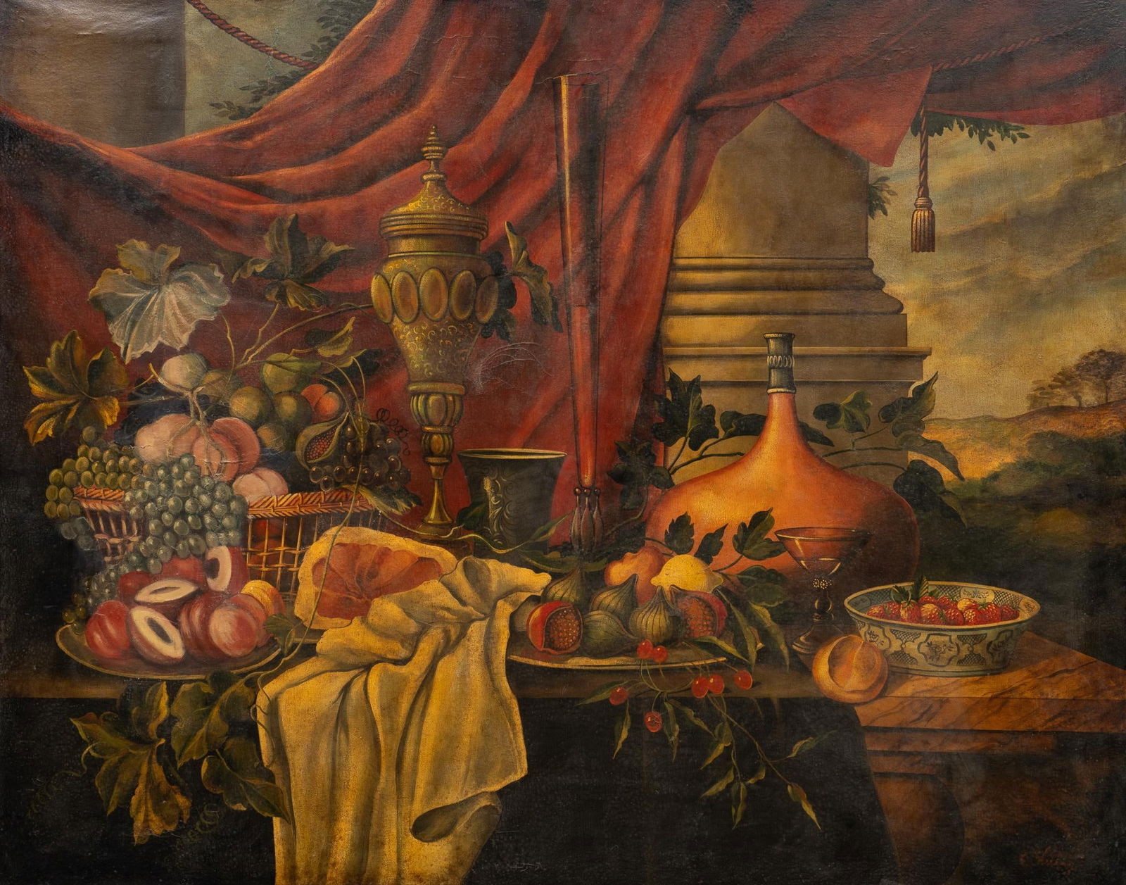 William Skilling, Still Life with Fruits and Wine: William E. Skilling (California, 1862-1964), still life with fruits and wine, oil on canvas sight: 48 x 60 in., frame: 51 x 63 in. Condition: has patch repair visible on canvas verso Provenance: Pr