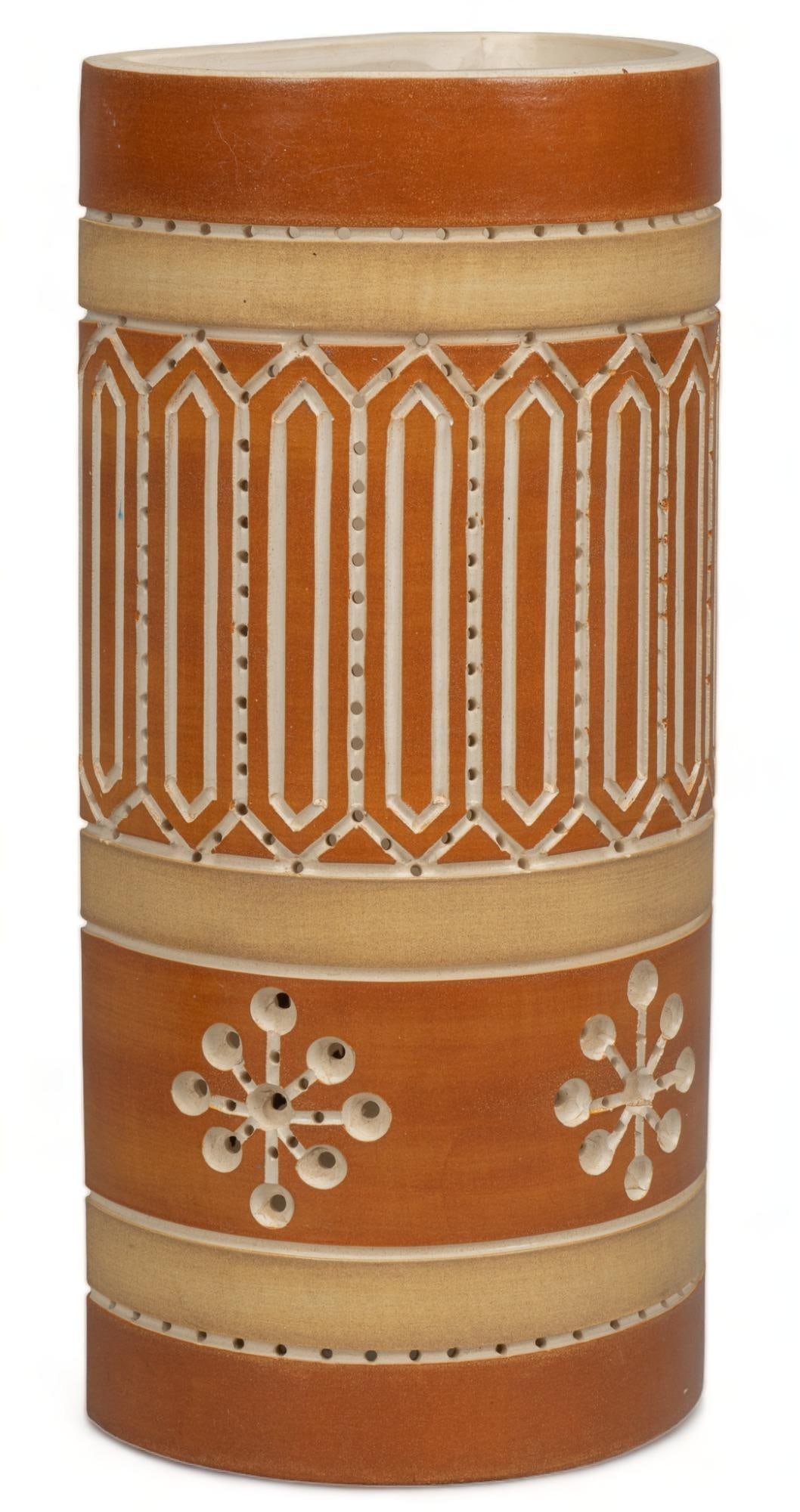 Kaye Lite (San Antonio, Texas) Ceramic Light Fixture: Kaye Lite (San Antonio, Texas) ceramic light fixture, in the style of Beaumont Mood, with polychrome glaze, carved and perforated accents, signed on interior height 14 in. x width 7 in. x depth 5 in.