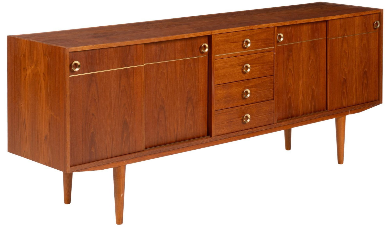 Danish Mid-Century Credenza: Danish Mid-Century credenza / sideboard, four drawers flanked by four sliding doors open to shelved interior, gold-toned brass drawer pulls, rising on pin legs height 30 in. x width 78.5 in. x depth 1