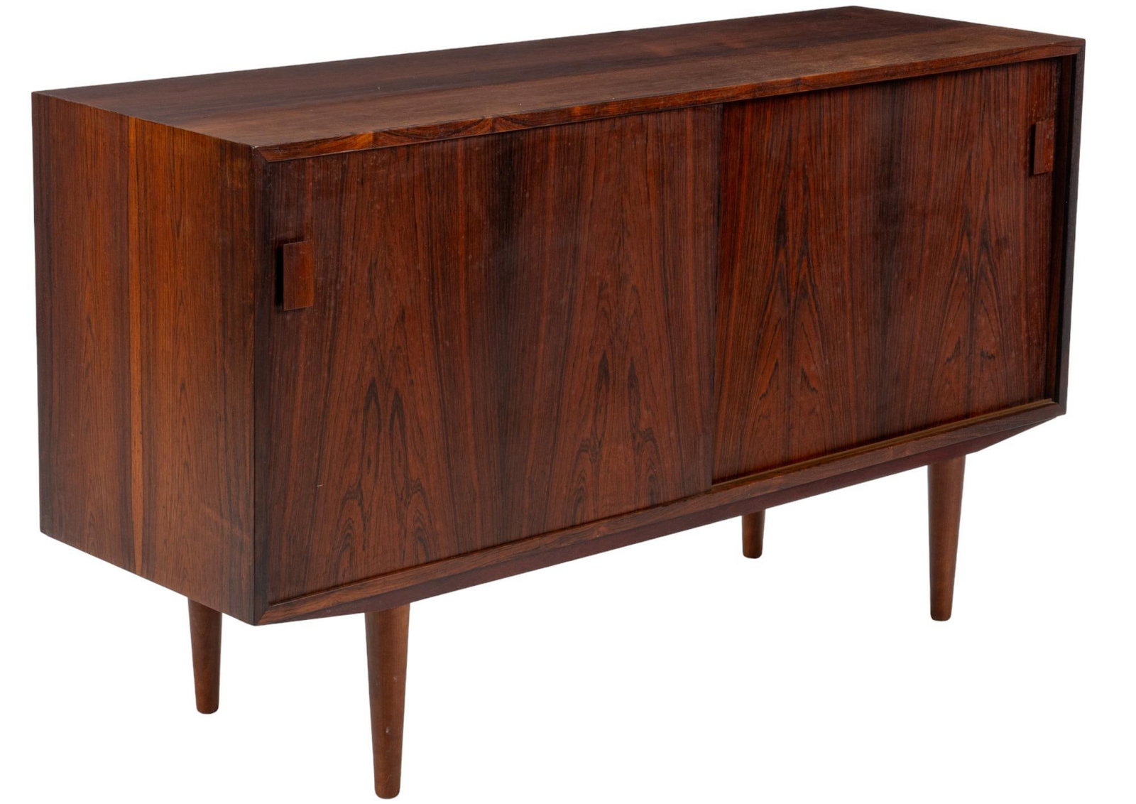 Danish Mid-Century Credenza: Danish Mid-Century credenza / sideboard, with sliding doors, opening to interior shelves, supported on pin legs height 31.5 in. x width 57 in. x depth 18 in. We happily provide seamless shipping servi