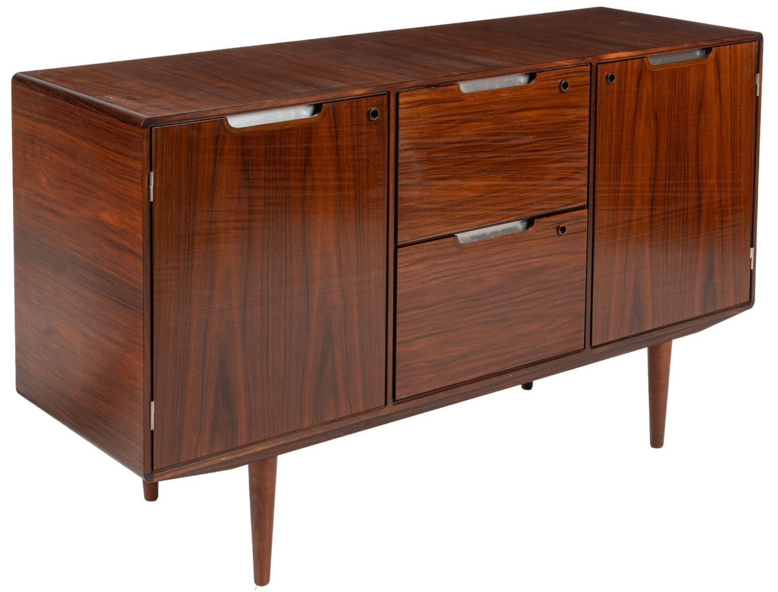 Posborg & Meyhoff (DNK) Filing Cabinet: Posborg & Meyhoff for Sibast Mobler (Denmark) filing cabinet, featuring middle section having two stacked filing drawers, flanked by doors opening to interior storage, with metal accents, supporte