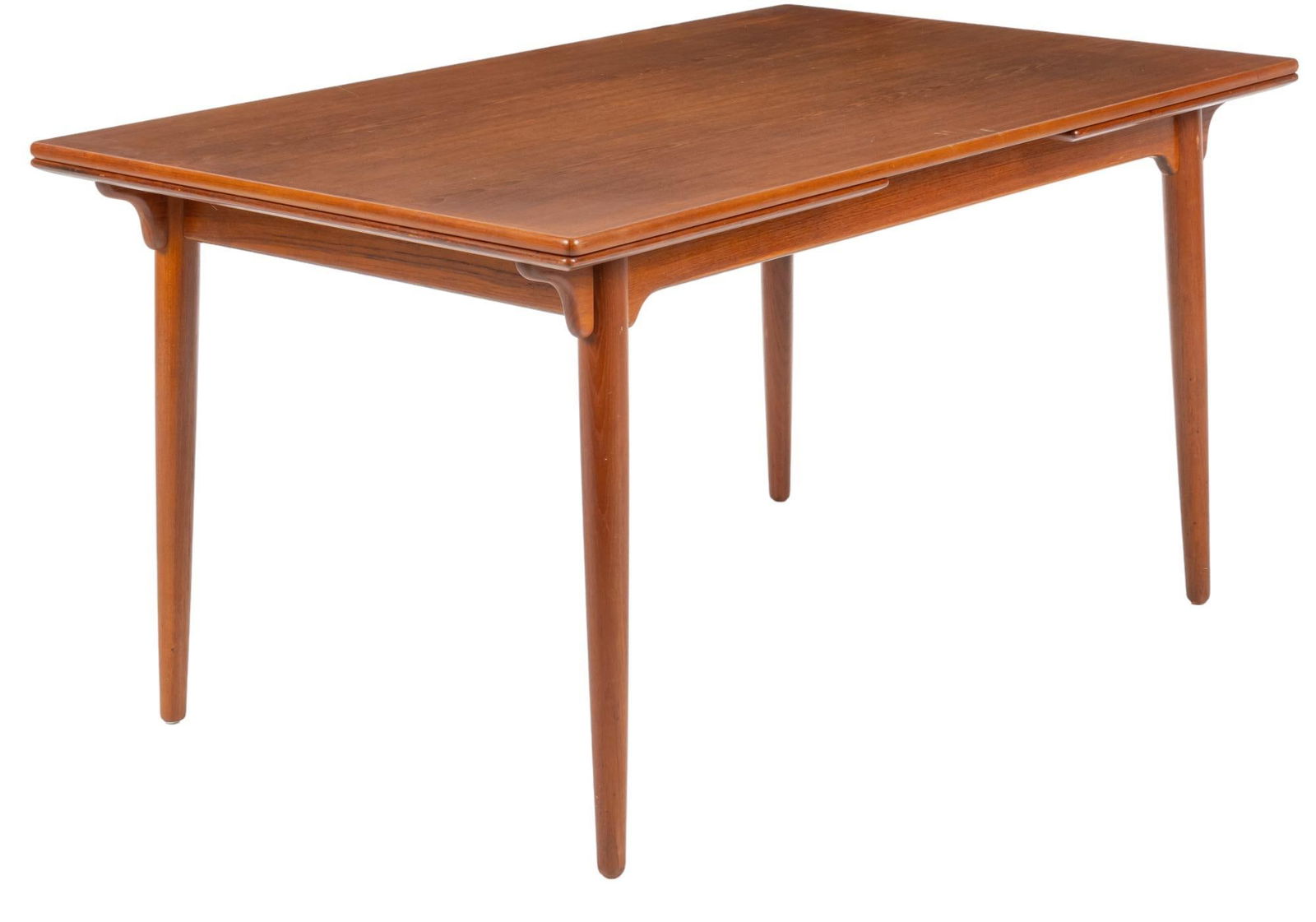 Attrib. Gunni Omann (DNK) for Omann Jun's Mobelfabrik (DNK) Extending Dining Table: Danish Mid-Century extending dining table, attributed to Omann Jun's Mobelfabrik (Denmark), original design by Gunni Omann (Denmark), with sliding draw leaves, supported on spandrels height 29 in