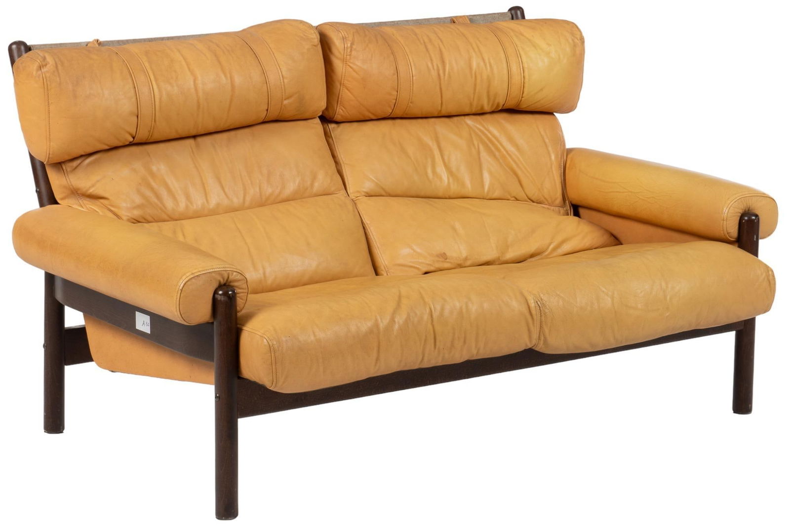 After Arne Norell, Mid-Century Yellow Leather Love Seat: After Arne Norell, Mid-Century yellow leather love seat, strapped head rests, linear tufting, suspension design height 32.5 in. x width 60 in. x depth 42 in. We happily provide seamless shipping ser