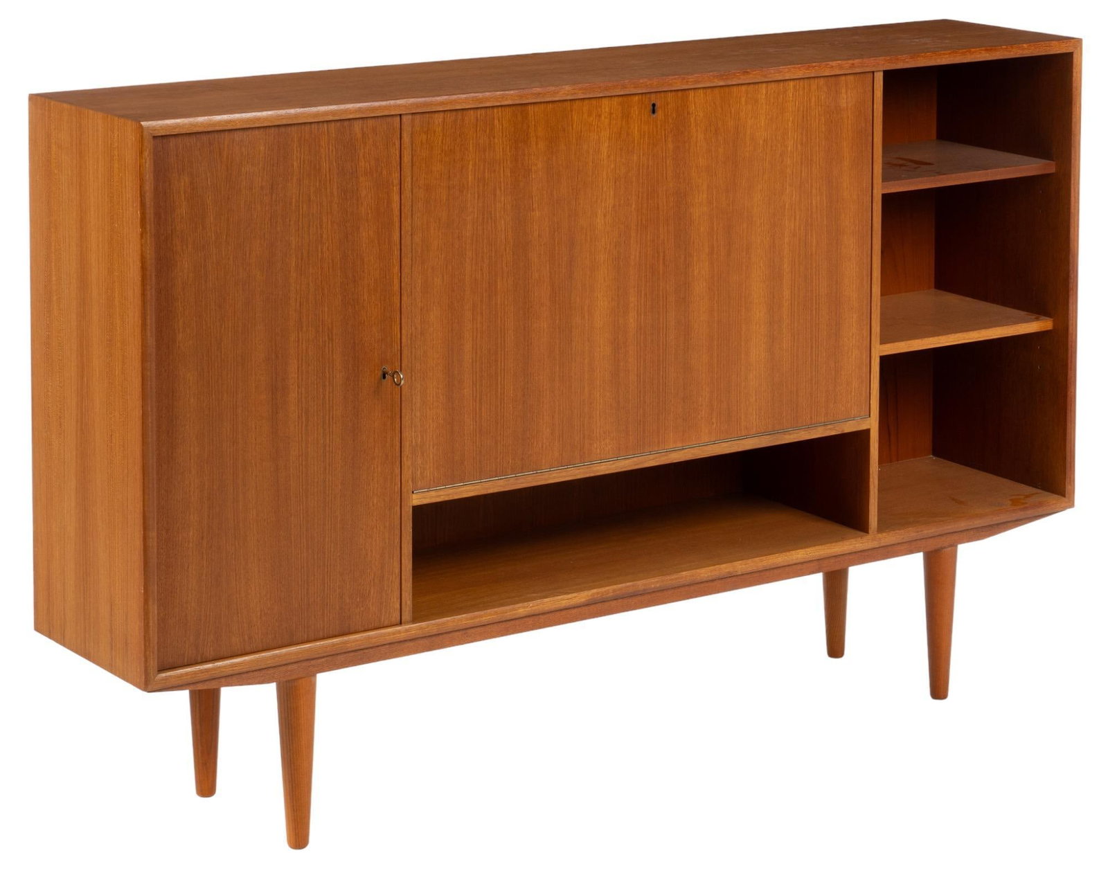 Danish Mid-Century Credenza: Danish Mid-Century credenza / sideboard, with left side featuring door that opening to interior storage lined with two shelves, beside middle section with door that drops to mirrored interior storage 