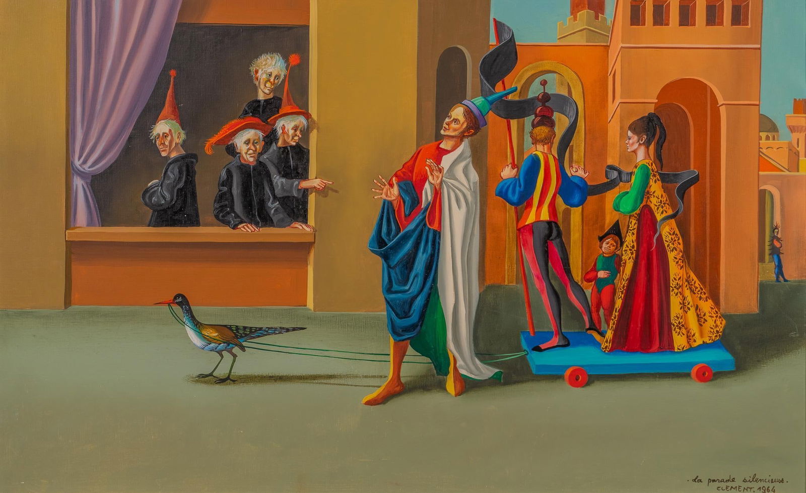 Jean-Pierre Clement, "La Parade Silencieuse", 1964: Jean-Pierre Clement (France, b. 1943), "La Parade Silencieuse", 1964, oil on canvas sight: 14 x 24 in., frame: 21.5 x 30.5 in. Provenance: Property from a San Antonio, Texas collection We h