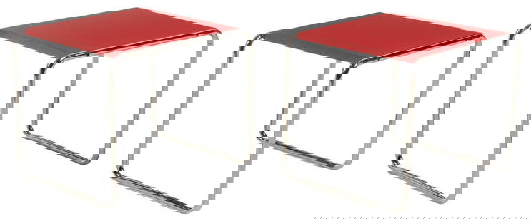 Marcel Breuer (HUN/ USA) for Knoll International (USA), Pair of Laccio Tables: Pair of Mid-Century "Laccio" side tables, designed by Marcel Breuer (Hungary / USA, 1902 -1981) for Knoll International (USA), with red laminate tops, supported on chrome sled legs, frame mark