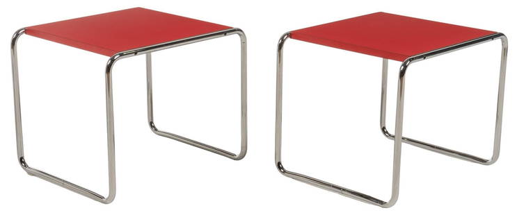 Marcel Breuer (HUN/ USA) for Knoll International (USA), Pair of Laccio Tables: Pair of Mid-Century "Laccio" side tables, designed by Marcel Breuer (Hungary / USA, 1902 -1981) for Knoll International (USA), with red laminate tops, supported on chrome sled legs, frame mark