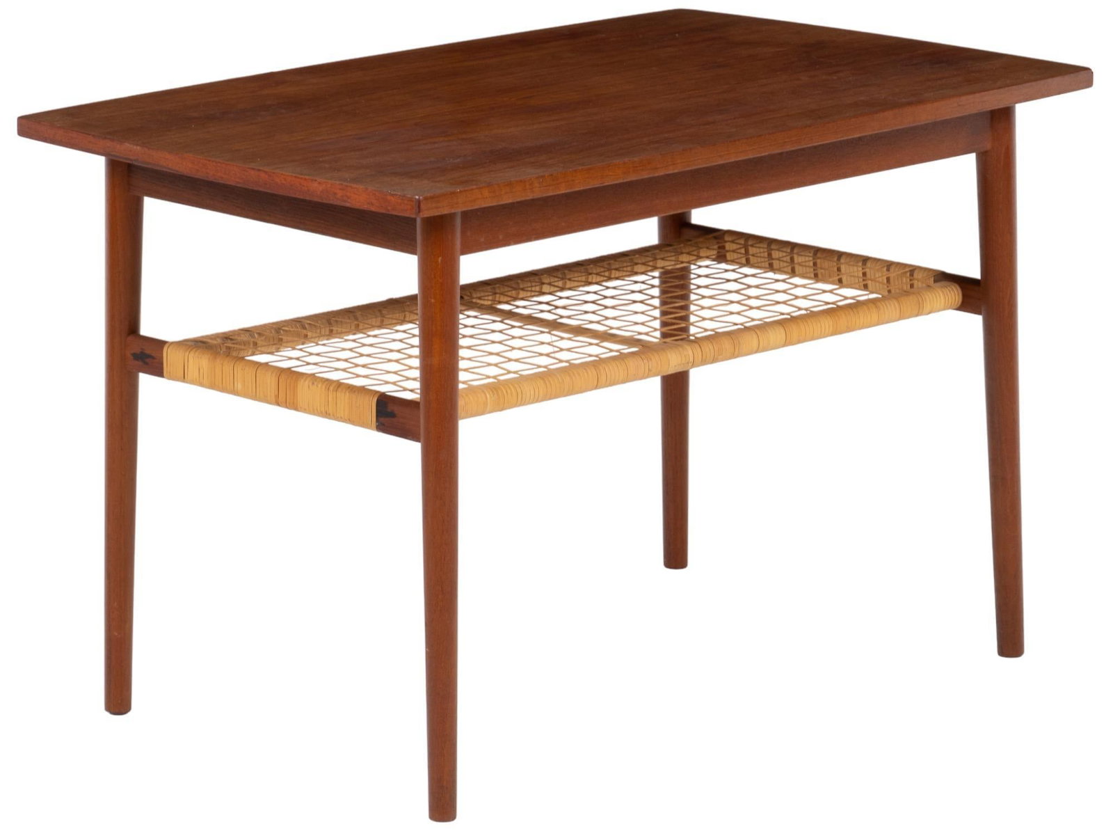Danish Mid-Century Coffee Table: Danish Mid-Century coffee table, with oversize top, above lower storage tier with woven reed design, supported on pin legs height 22 in. x width 36 in. x depth 21.5 We happily provide seamless shippin