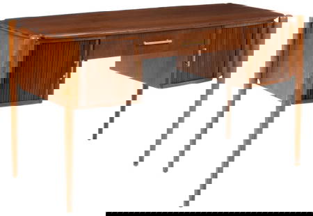 Sligh-Lowry (USA) Tambour Writing Desk: Mid-Century writing desk, by Sligh-Lowry Furniture (USA), with oversize top, above center drawer, two tambour doors, with brass hardware, featuring four drawers on reverse, marked, supported on tapere