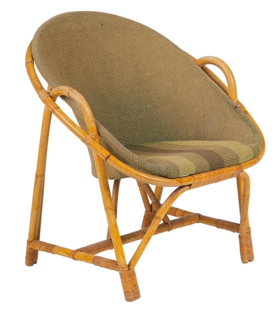 Danish Mid-Century Rattan Lounge Chair: Danish Mid-Century lounge chair, with rounded back, cushioned interior, supported on bent rattan frame height 30 in. x width 28 in. x depth 23 in. We happily provide seamless shipping services on e