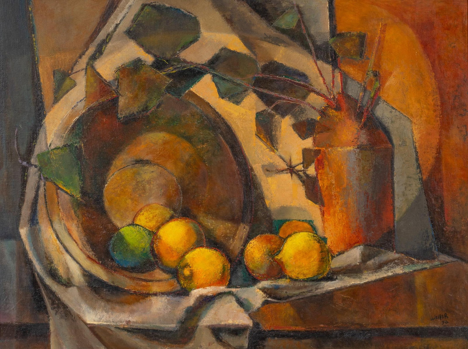 Dell Weller, Cubist Still Life, 1956: Dell Weller (Amer., 1927-2017), still life with Cubist elements and citrus, 1956, oil on canvas board sight: 18 x 24 in., frame: 24.5 x 30.5 in. Provenance: Property from an Arlington, Texas collectio