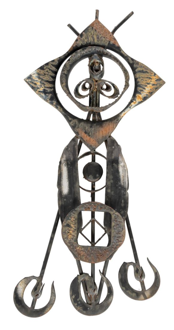 Danish Mid-Century Modernist Metal Sculpture: A Danish Mid-Century modernist sculpture, featuring patinated welded iron remnants height 32 in. x width 15 in. x depth 3 in. We happily provide seamless shipping services on everything we sell. Pleas