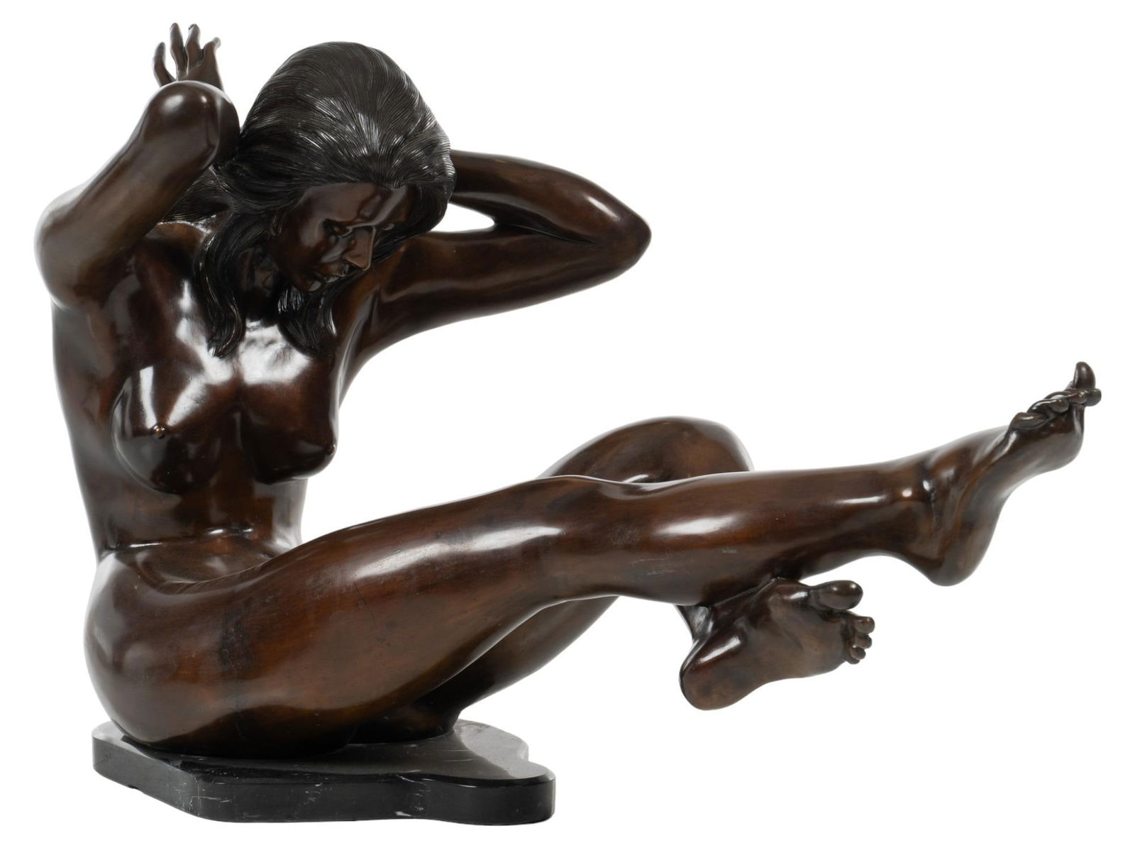 Carlos Romero, Life Size Reclining Nude Bronze: Carlos Romero, "Reclining Nude", life size bronze monument atop black marble base height 28 in. x width 22 in. x depth 45.5 in. Provenance: Formerly displayed in a mansion in the prestigious Hollytr