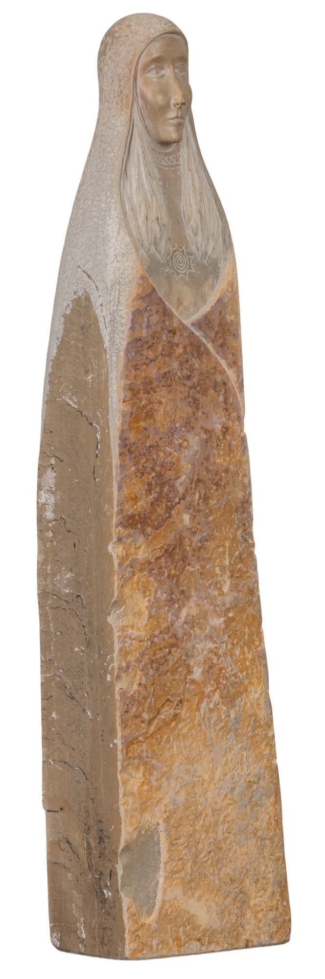 Carved Stone Woman Figure: Carved stone woman figure, in the style of Loreen Henry, signed "H" height 30 in. x width 7.5 in. x depth 4.5 in. Provenance: Property from the estate of a San Antonio, Texas gentleman Shippin