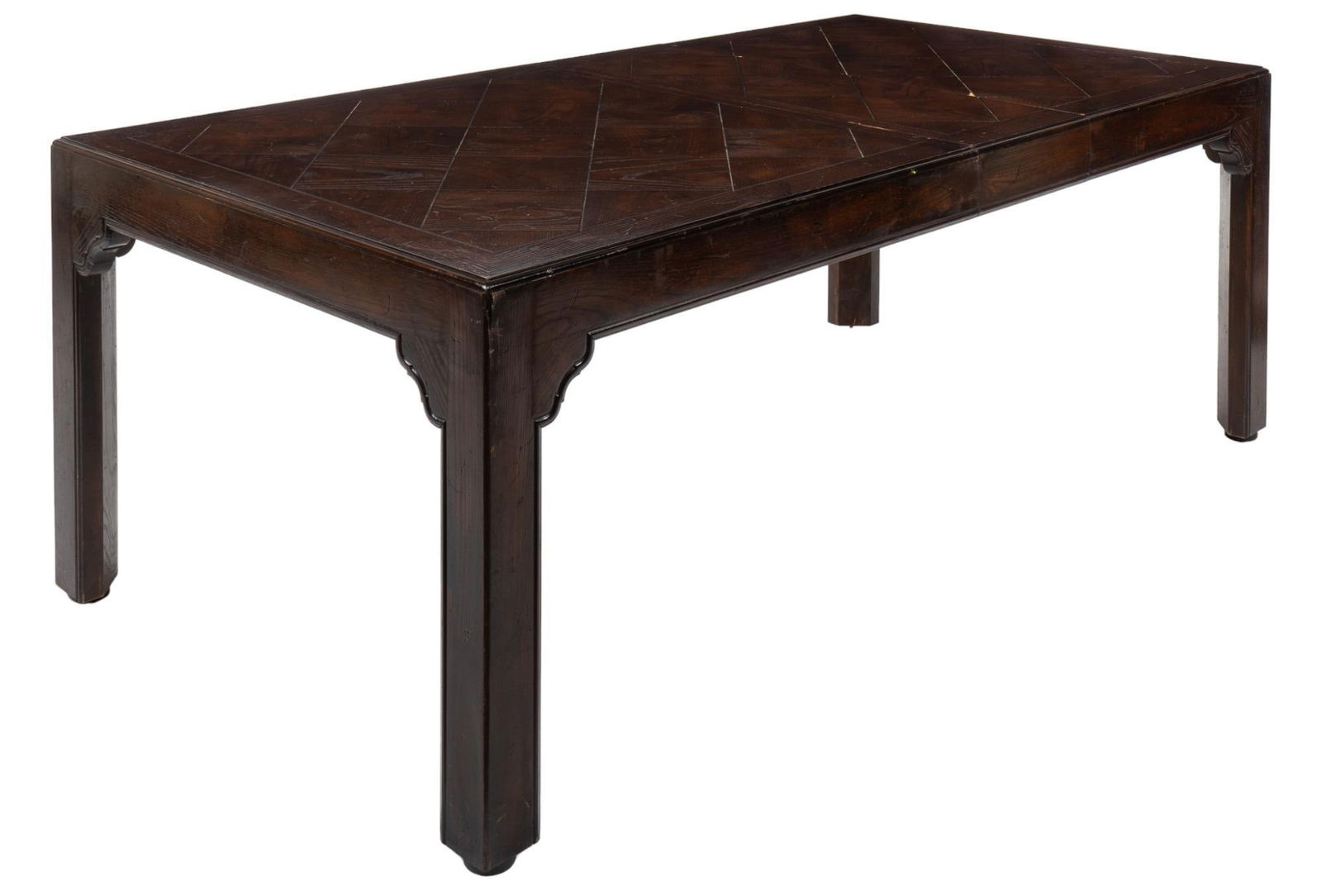Henredon "Four Centuries" Extending Dining Table: Extending dining table, by Henredon from the "Four Centuries" collection, with top featuring geometrically arranged veneer, spandrels, rising on block legs, marked with serial number, "Hen
