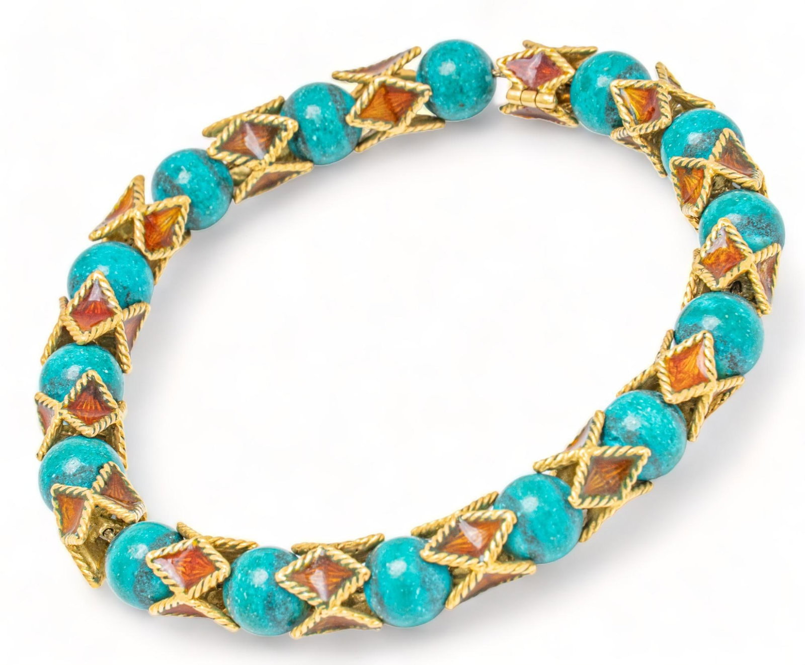 18K Yellow Gold Turquoise and Enamel Bead Bracelet: 18K yellow gold turquoise and enamel bead bracelet bead / diameter 8.15 mm. - 8.25 mm. length 8.25 in. total weight: 33.8 grams Provenance: Property from a prominent Alamo Heights, Texas family Shipp