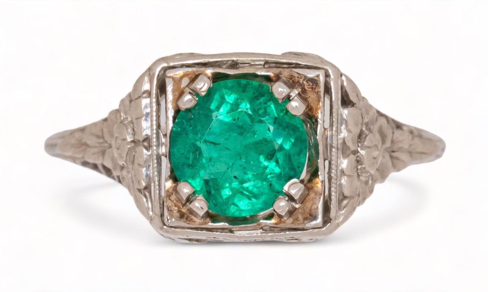 C. 1920 Platinum Emerald Floral Filigree Ring (1 of 4)