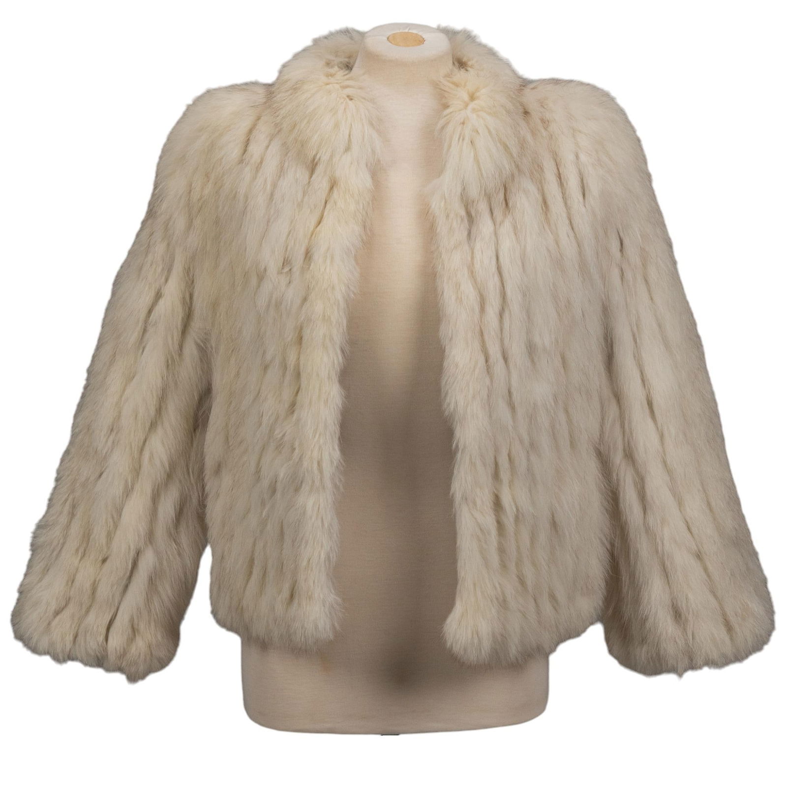 Saga Fox Fur Coat: Saga fox fur coat of 100% Norwegian blue fox fur, with nylon lining, with with hook closures, and single pocket on inner left, marked with label "Elan" overall length 26 in. x shoulder width