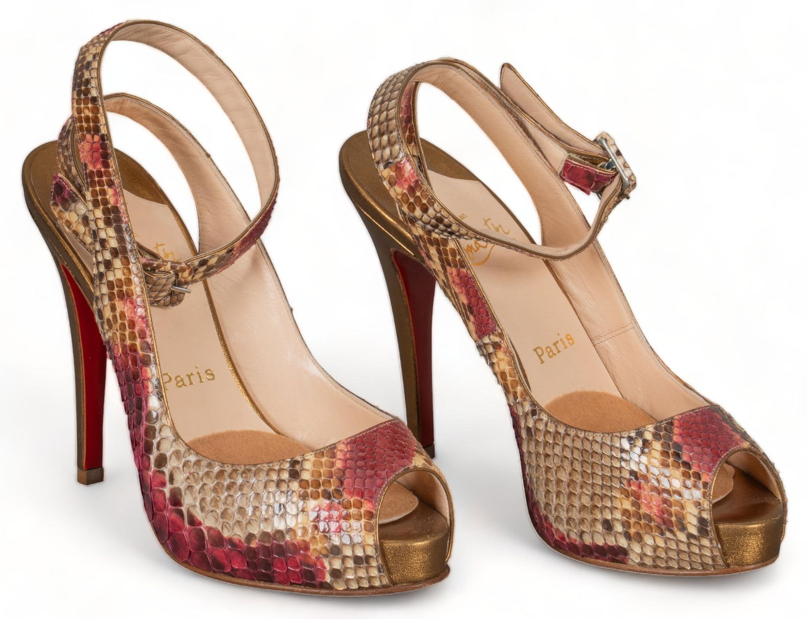 Pair of Christian Louboutin Snakeskin Heels: Pair of Christian Louboutins stiletto heels, of polychrome snakeskin, size 37 Condition AA; perfect condition, has barely been worn Provenance: Property from the lady of a Mexico City, Mexico mansio