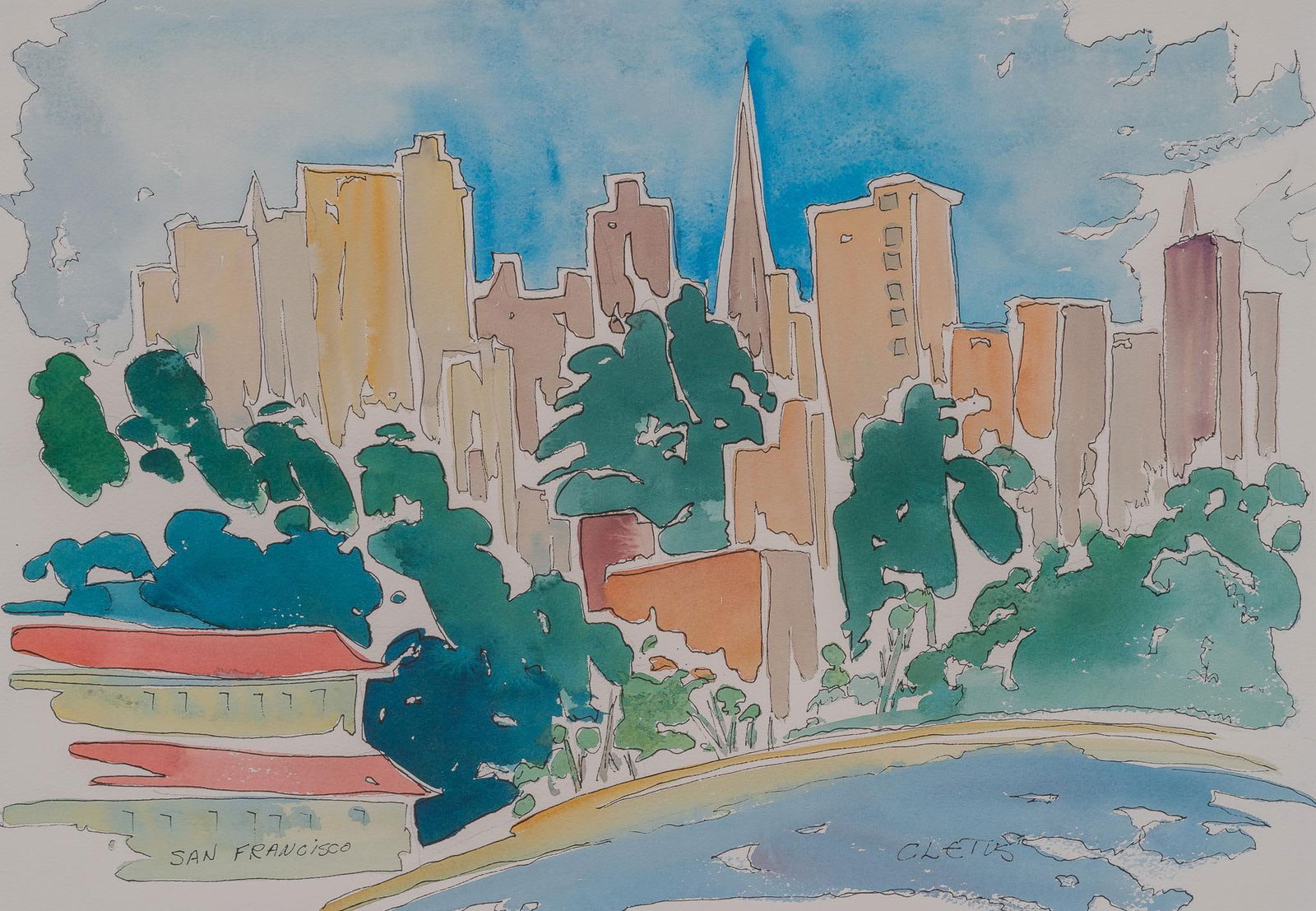 Brother Cletus Behlmann, San Francisco Skyline: Brother CletusBehlmann (San Antonio, Texas, 1933-2016),San Francisco skylin view, watercolor sight: 13 x 19 in., frame: 23.5 x 29.5 in. Provenance: A travel memento gift from the artist in exchange