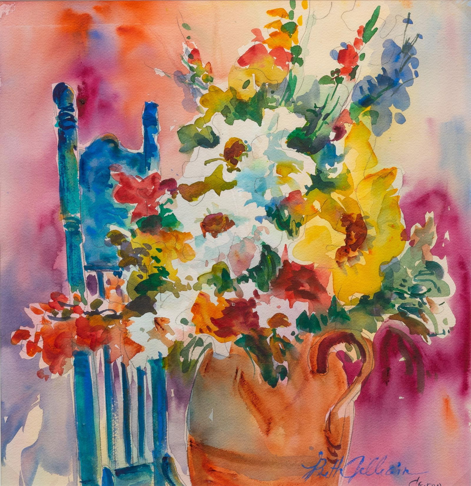 Beth Gilliam, Lush Bouquet with Farm Chair: Beth Gilliam (Amer., 20th-21st C.), still life of lush bouquet in farmhouse crockery with blue farmhouse chair, watercolor (possibly demo, as inscribed with signature) sight: 15 x 14.5 in., frame: 23