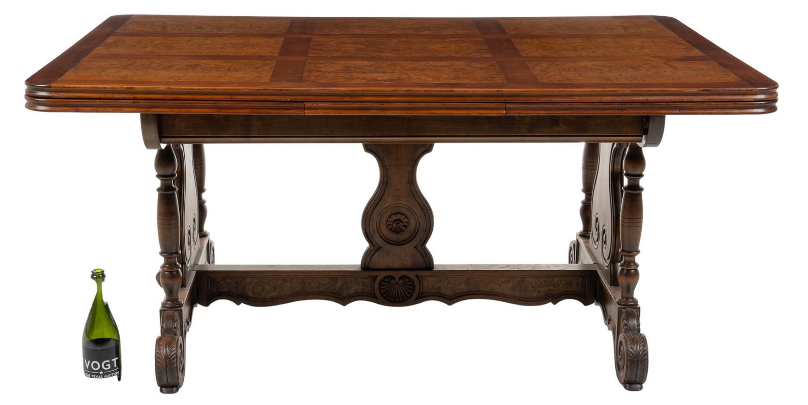 Extending Dining Table: Extending dining table, with parquetry inlaid top, two sliding leaves, supported on lyre legs, connected with stretcher height 29.5 in. x width 63 in. x depth 43.5 in. / extends to width 106 in. Prove