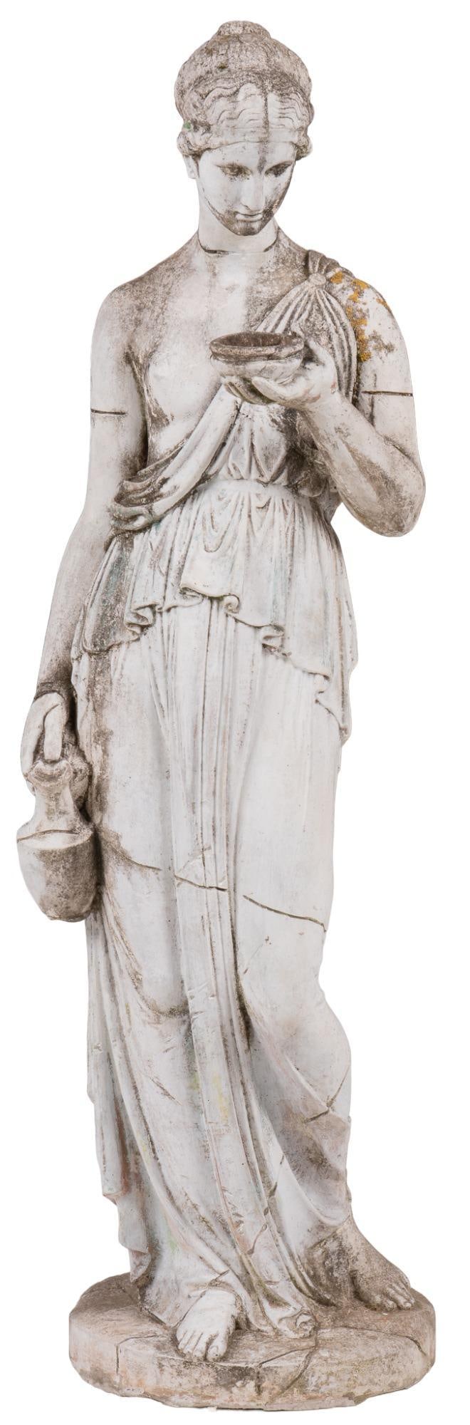 Statue of Greek Goddess Hebe: Figural stone statue of Hebe, Greek goddess of youth, depicted holding cup and flagon, include fluted pillar platform height 64 in. x width 20 in. x depth 17 in. / statue height 23 in. x diameter 18