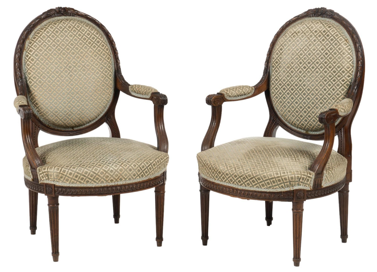 Pair of Louis XVI Arm Chairs: Pair of Louis XVI style balloon back arm chairs having carved wooden frame with botanical and ribbon motif accents, with green and white upholstery, with fluted tapering legs height 39 in. x width 23.
